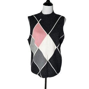 Liz Claiborne Sweater Vest Size L Petite Knit‎ Argyle Preppy Golf Granny